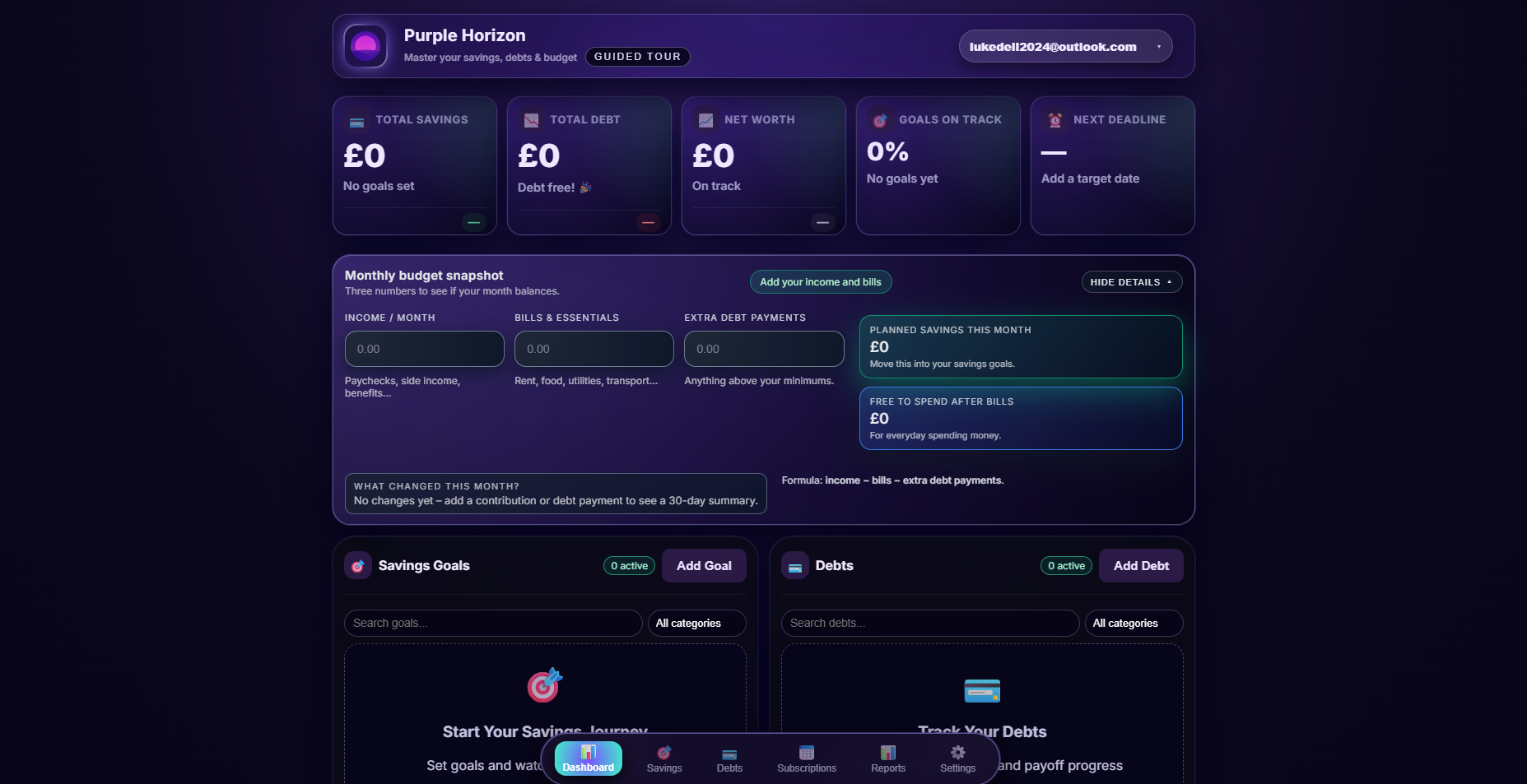 Purple Horizon finance dashboard web application